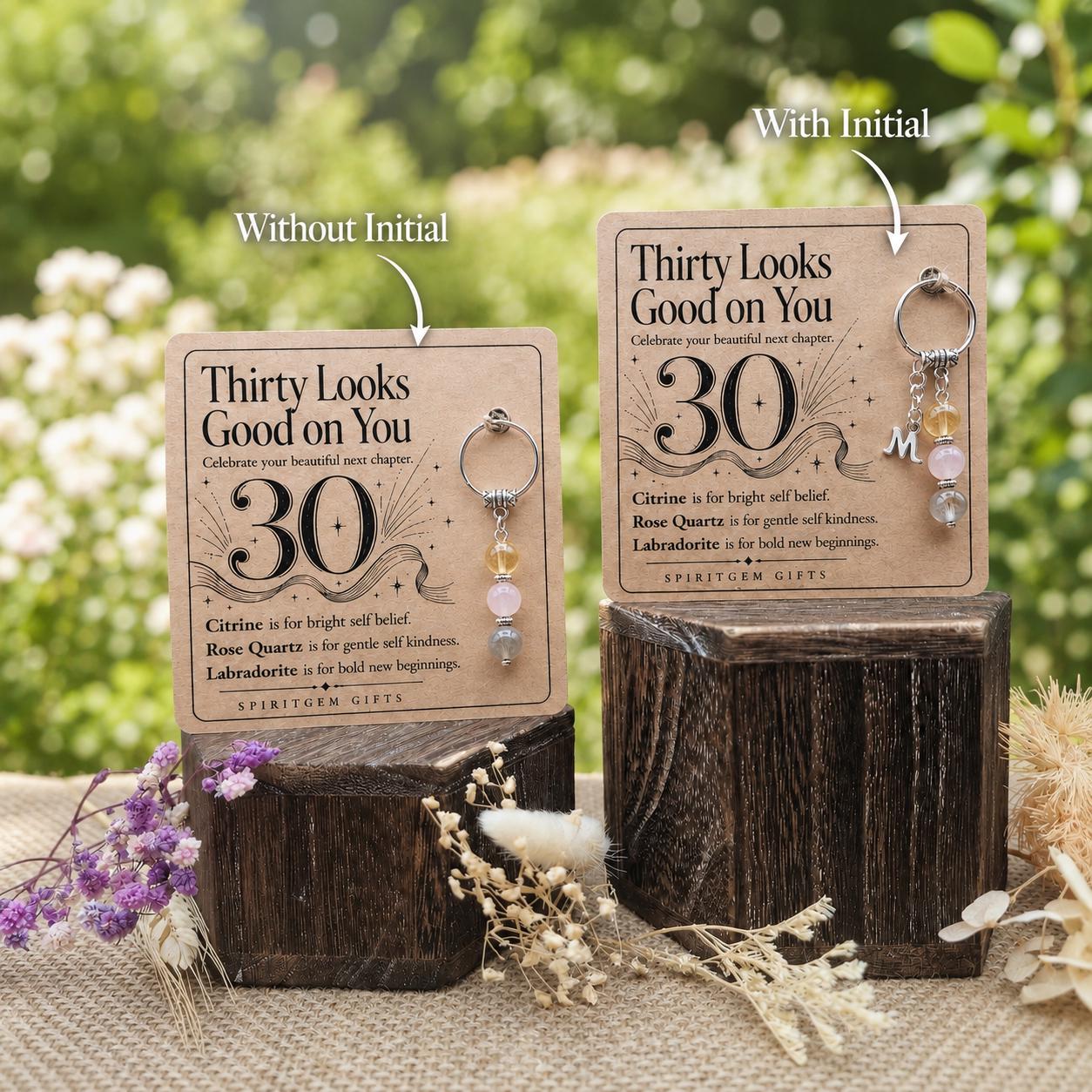 30th Birthday Gift for Her, Crystal Keyring with Illustrated 'Thirty Looks Good on You' Card, Personalised