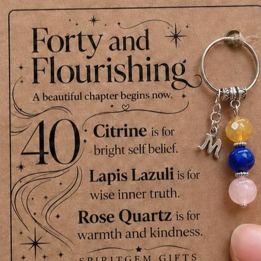 Personalised 40TH BIRTHDAY Crystal Keyring with Illustrated Keepsake Card Milestone Gift