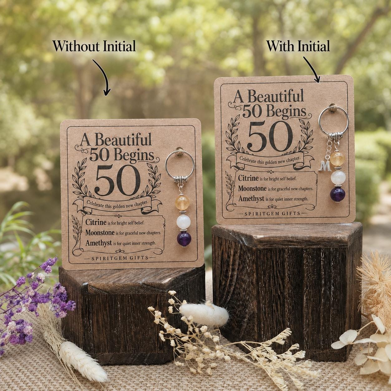 Personalised 50TH BIRTHDAY Crystal Keyring with Illustrated Keepsake Card Milestone Gift