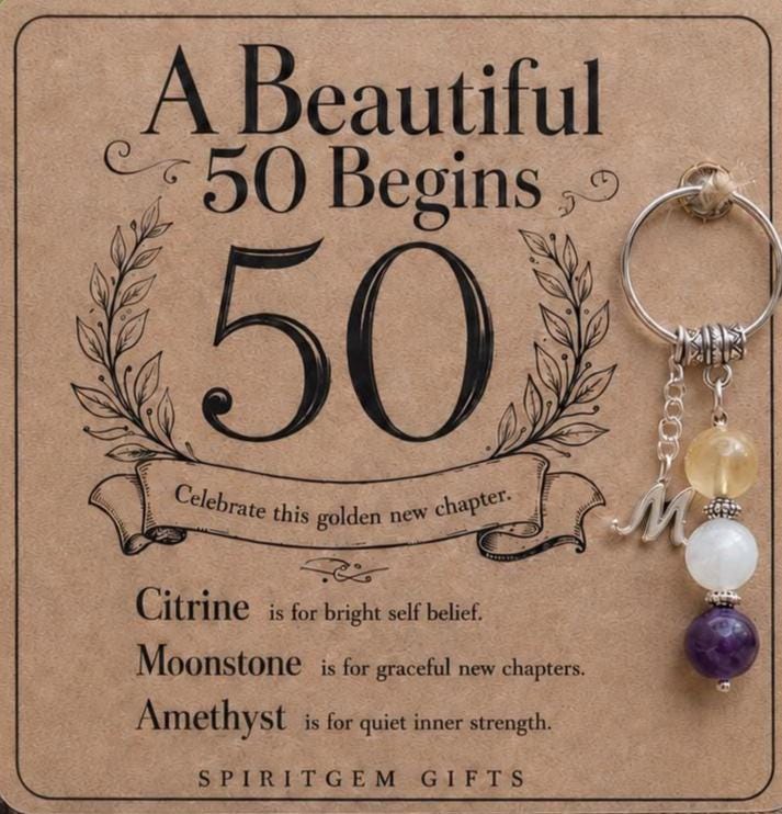 Personalised 50TH BIRTHDAY Crystal Keyring with Illustrated Keepsake Card Milestone Gift