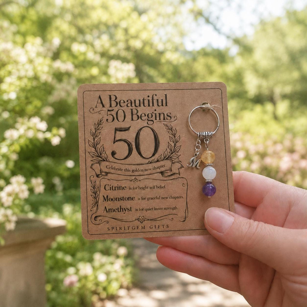 Personalised 50TH BIRTHDAY Crystal Keyring with Illustrated Keepsake Card Milestone Gift