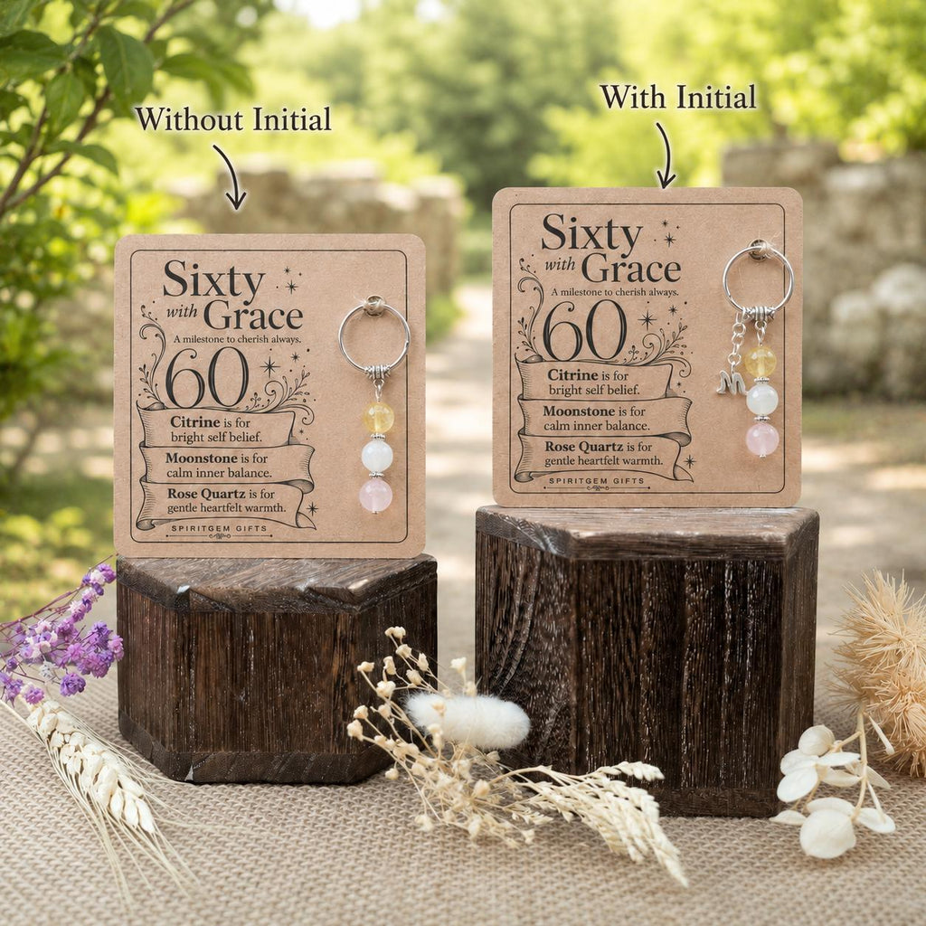60th Birthday Gift for Her, Crystal Keyring with Illustrated 'Sixty with Grace' Card, Mum Nanna Keepsake