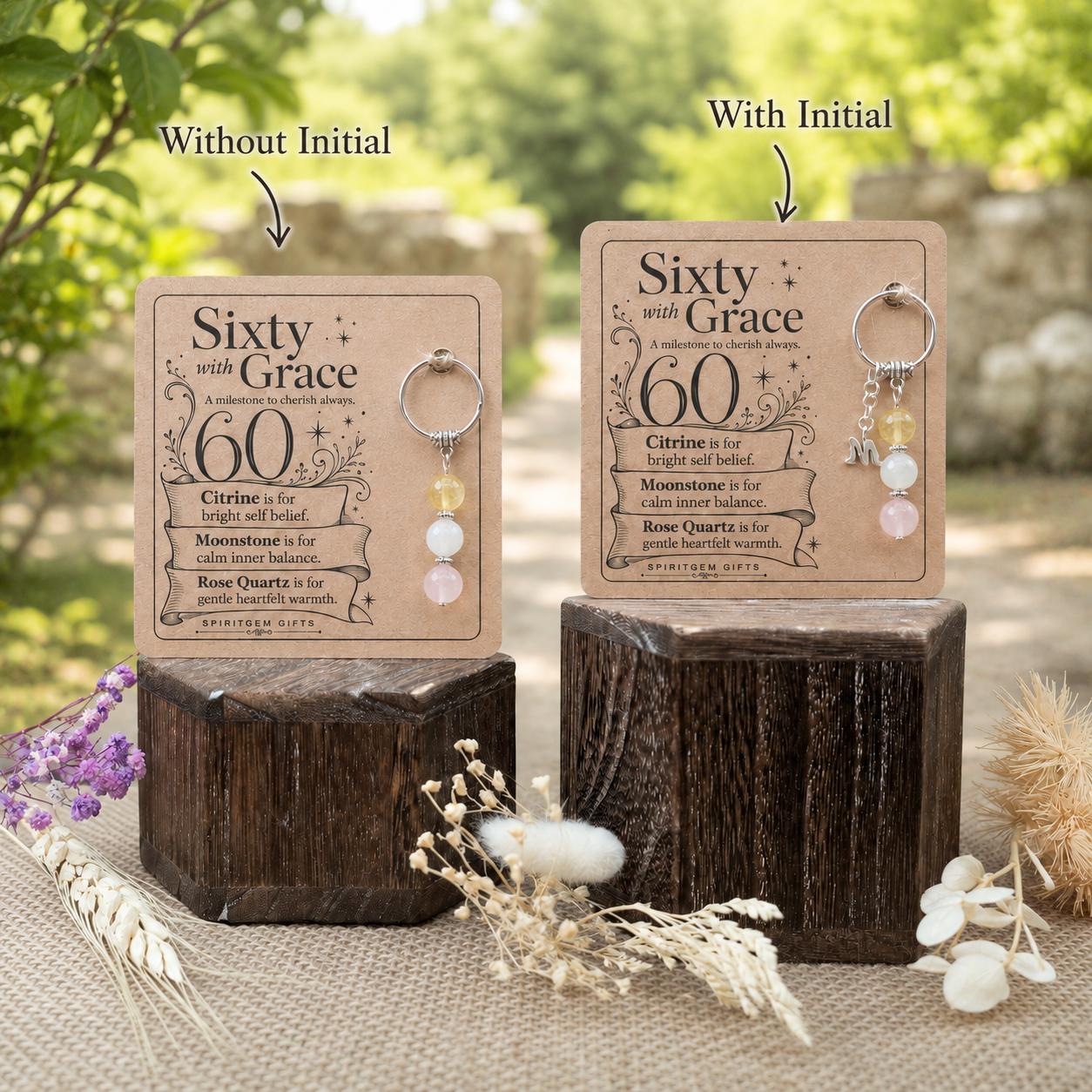 60th Birthday Gift for Her, Crystal Keyring with Illustrated 'Sixty with Grace' Card, Mum Nanna Keepsake