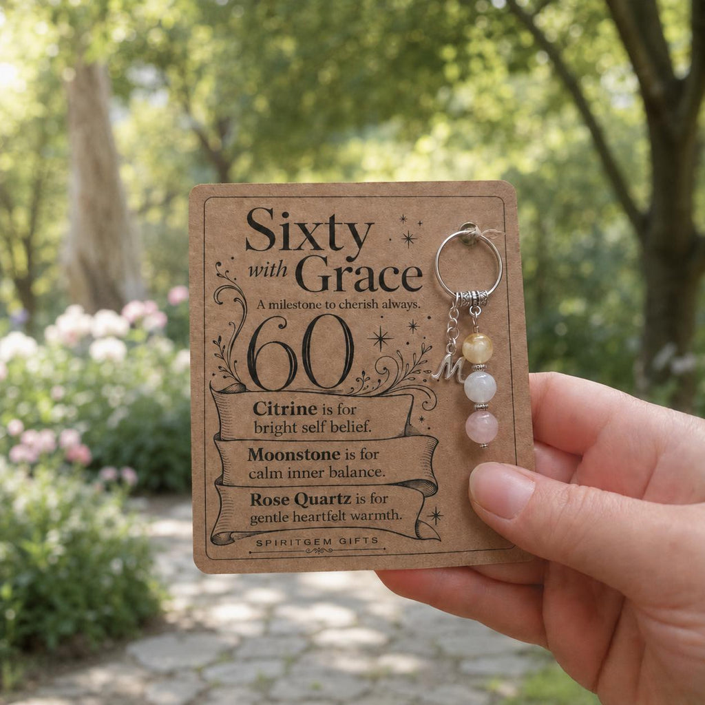 60th Birthday Gift for Her, Crystal Keyring with Illustrated 'Sixty with Grace' Card, Mum Nanna Keepsake