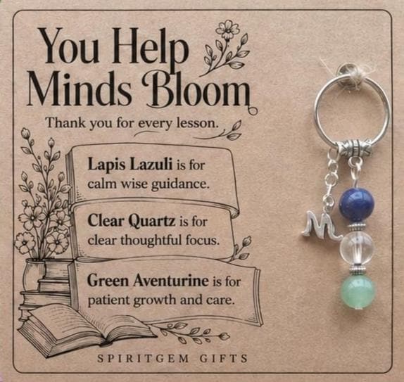 Thank You Teacher Gift, Crystal Keyring with Illustrated 'You Help Minds Bloom' Card, Personalised Keepsake