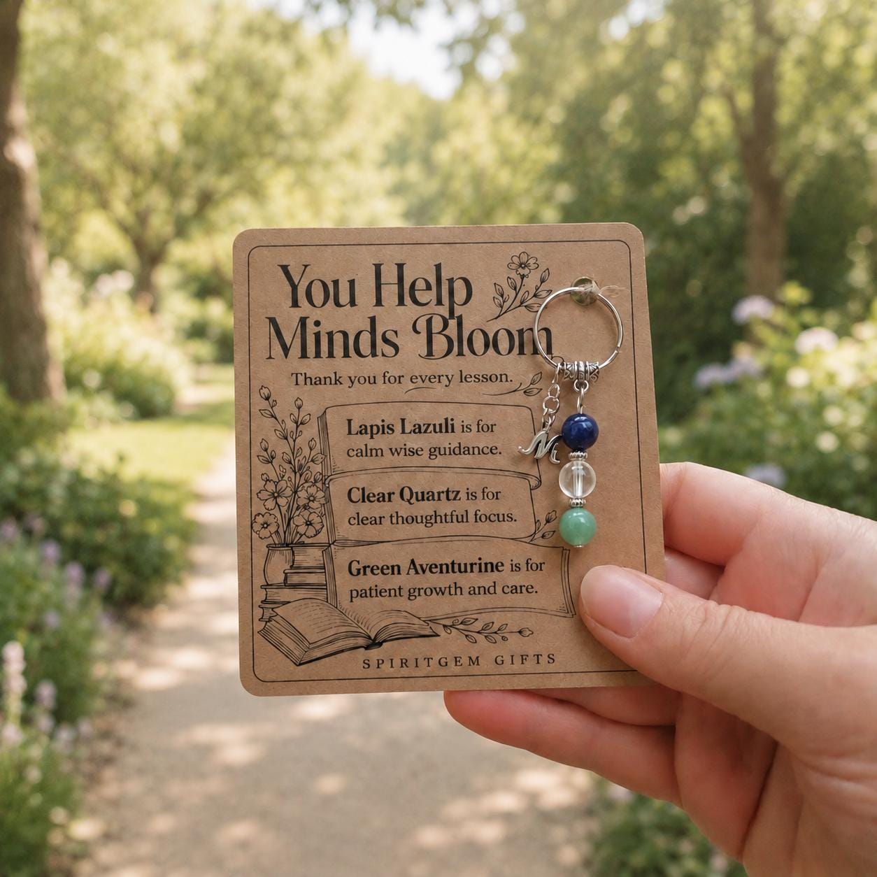 Thank You Teacher Gift, Crystal Keyring with Illustrated 'You Help Minds Bloom' Card, Personalised Keepsake