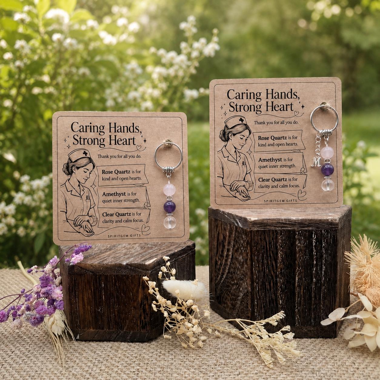 Nurse Thank You Gift, Crystal Keyring with Illustrated 'Caring Hands, Strong Heart' Card