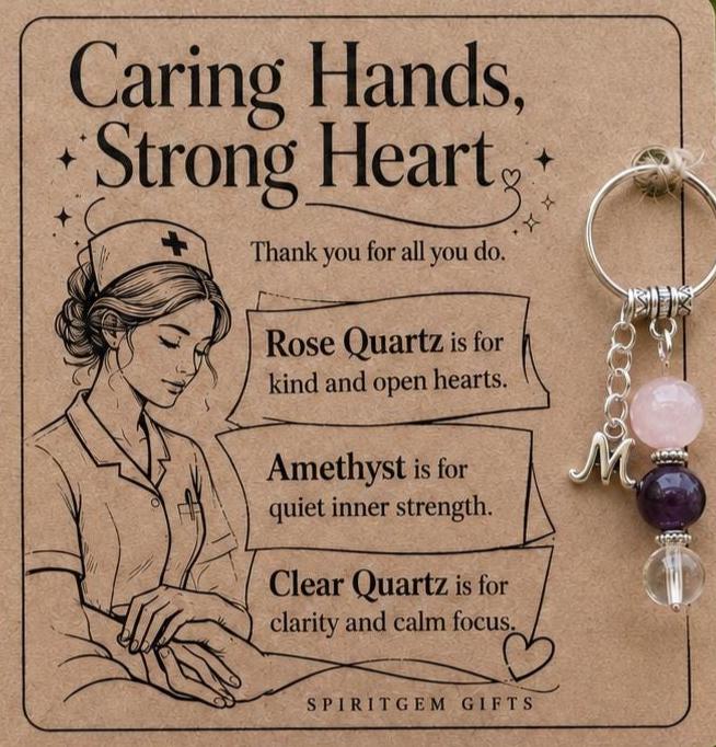 Nurse Thank You Gift, Crystal Keyring with Illustrated 'Caring Hands, Strong Heart' Card