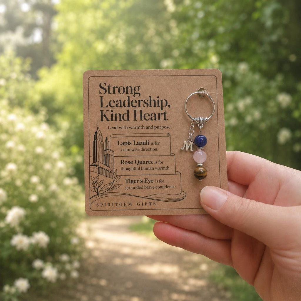 Thank You Boss Gift, Crystal Keyring with Illustrated 'Strong Leadership, Kind Heart' Card