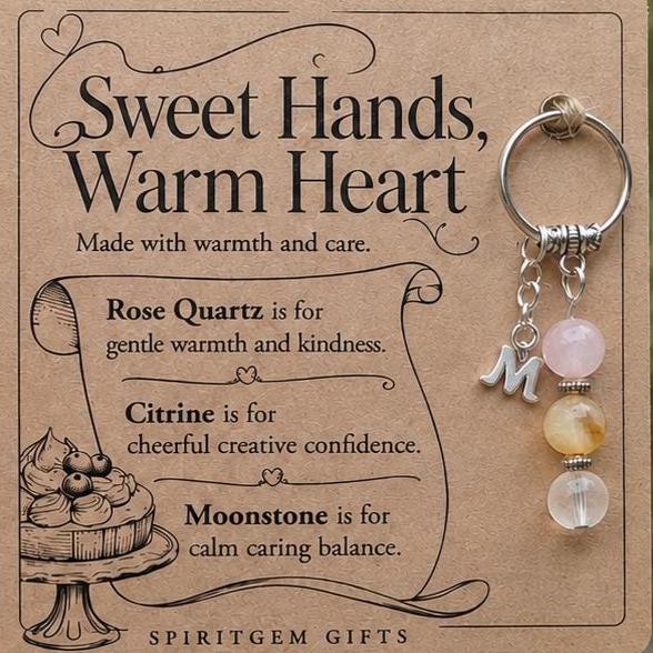 Baking Lover Gift, Crystal Keyring with Illustrated 'Sweet Hands, Warm Heart' Card