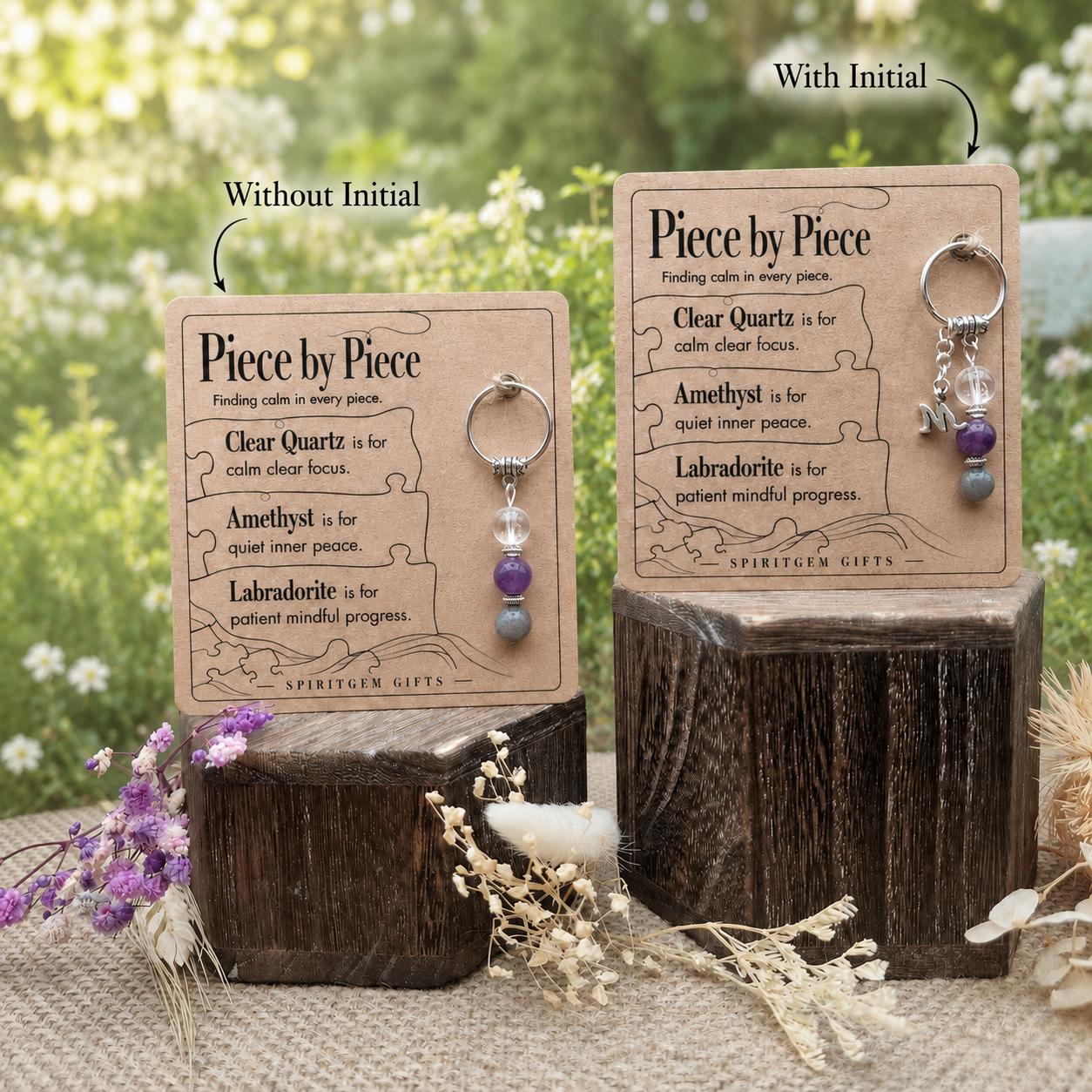 Jigsaw Puzzle Lover Gift, Crystal Keyring with Illustrated 'Piece by Piece' Card