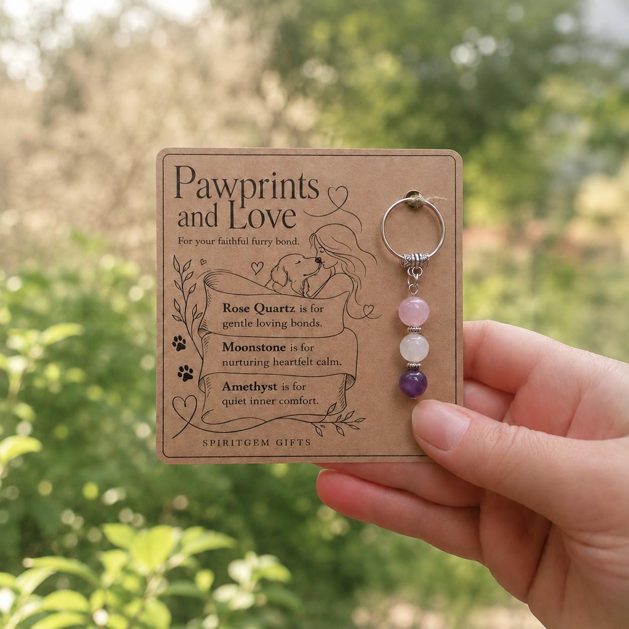 Dog Lover Gift, Crystal Keyring with Illustrated 'Pawprints and Love' Card