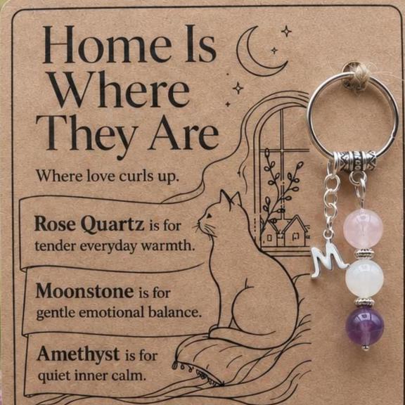 Cat Mum Gift, Crystal Keyring with Illustrated 'Home Is Where They Are' Card, From the Cat