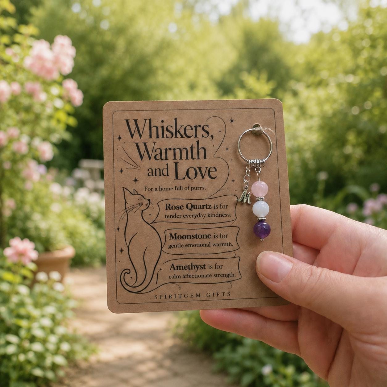 Cat Lover Gift, Crystal Keyring with Illustrated 'Whiskers, Warmth and Love' Card