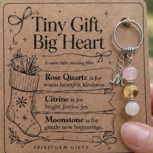 Stocking Filler for Her, Crystal Keyring with Illustrated 'Tiny Gift, Big Heart' Card