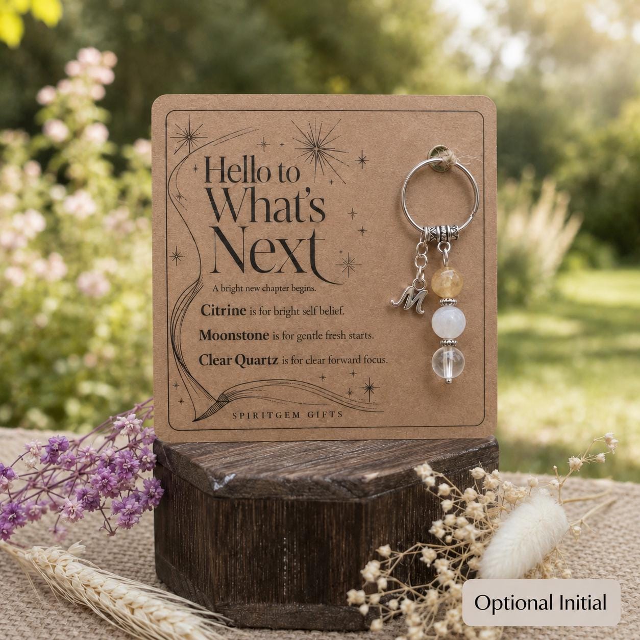 Personalised NEW BEGINNING Crystal Keyring with Illustrated Keepsake Card Fresh Start Gift
