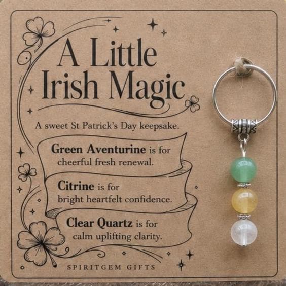 Irish Good Luck Gift, Crystal Keyring with Illustrated 'A Little Irish Magic' Card