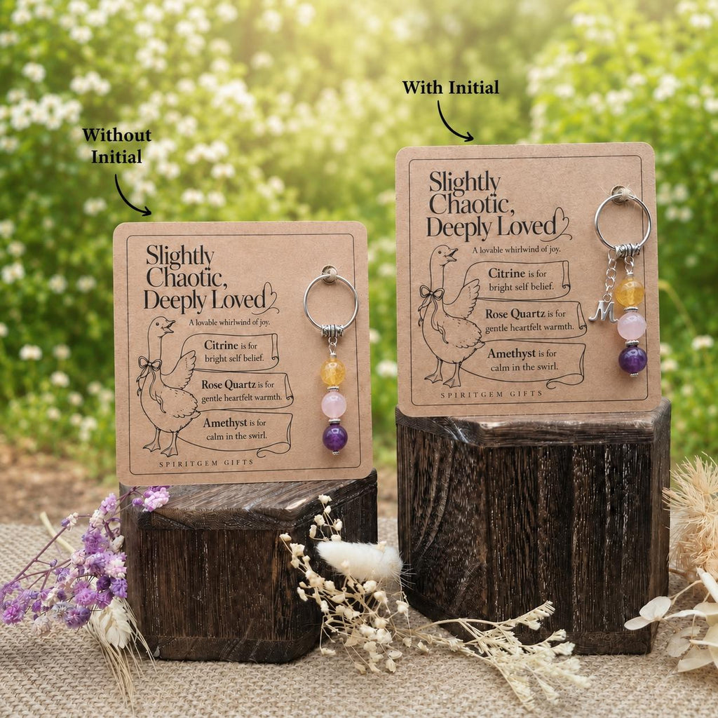 Silly Goose Gift, Funny Crystal Keyring with Illustrated 'Slightly Chaotic, Deeply Loved' Card