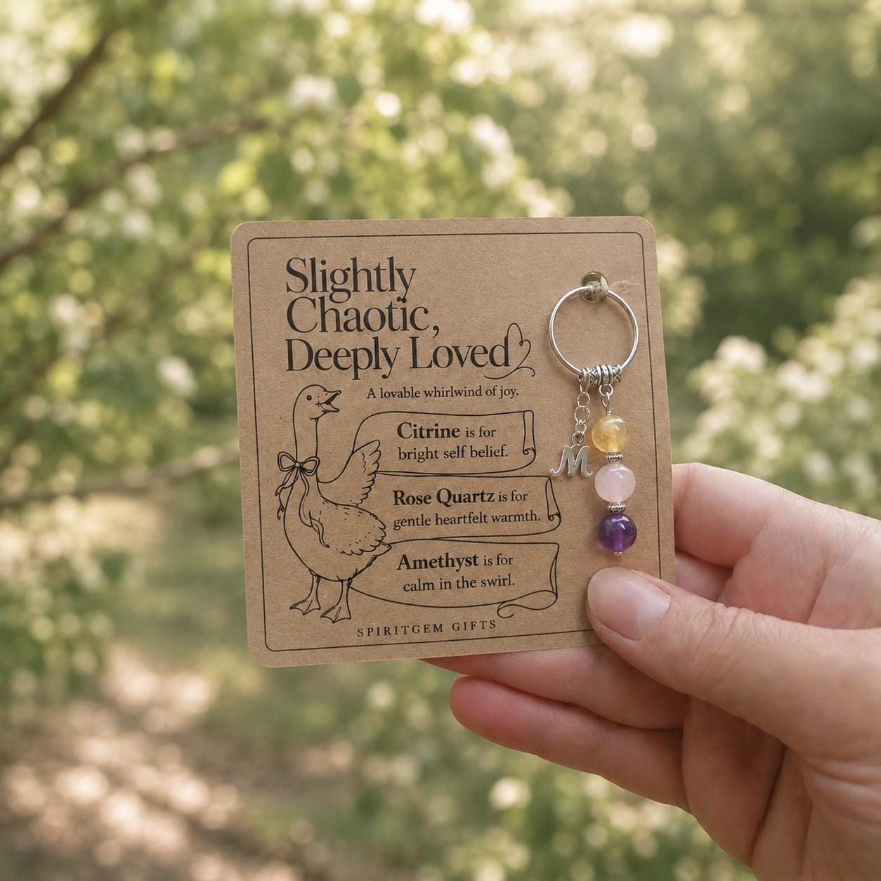 Silly Goose Gift, Funny Crystal Keyring with Illustrated 'Slightly Chaotic, Deeply Loved' Card